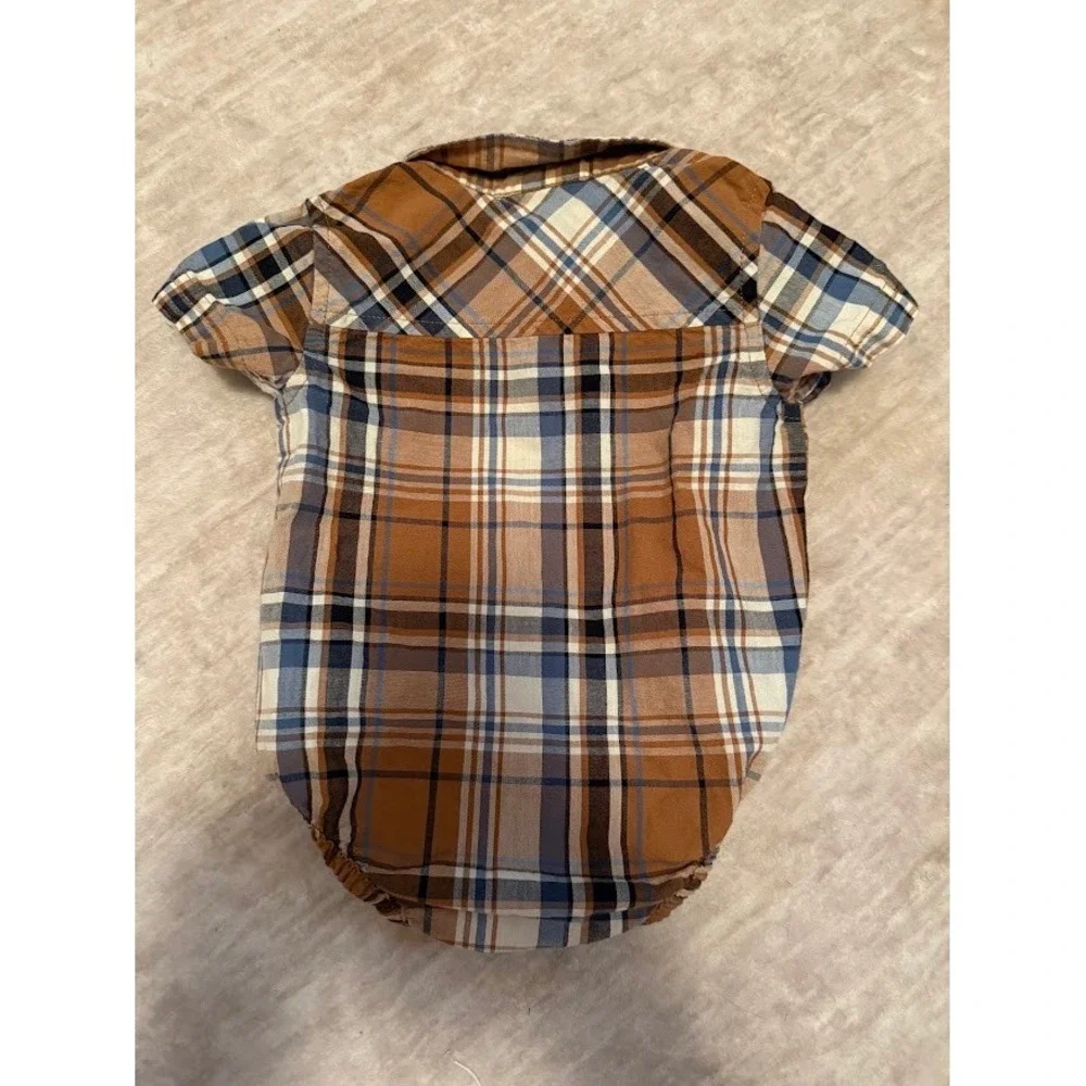 Carhartt Baby Boys 3M Plaid Short Sleeve Bodysuit Brown Blue Button Up Romper